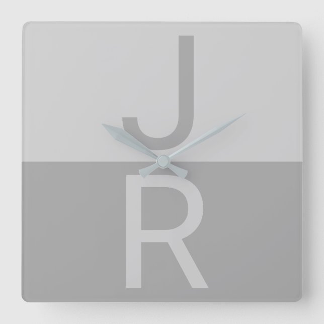 Monogram für leichte graue und graue moderne Initi Quadratische Wanduhr (Vorderseite)