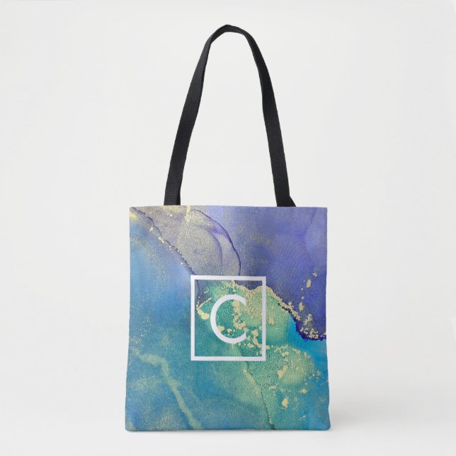 Monogram für lila Blau und Abstrakte Gold Tasche (Vorderseite)