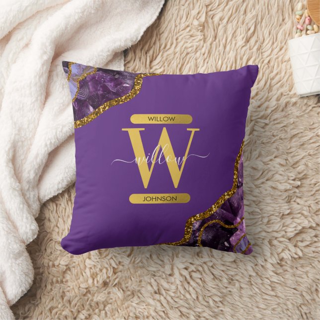 Monogram für lila und Gold Agate Geode Glitzer Kissen (Decke)