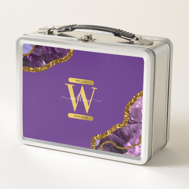 Monogram für lila und Gold Agate Geode Glitzer Metall Brotdose (Vorderseite)