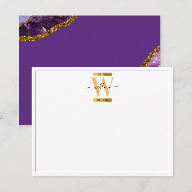 Monogram für lila und Gold Agate Geode Glitzer Mitteilungskarte (Vorne/Hinten)