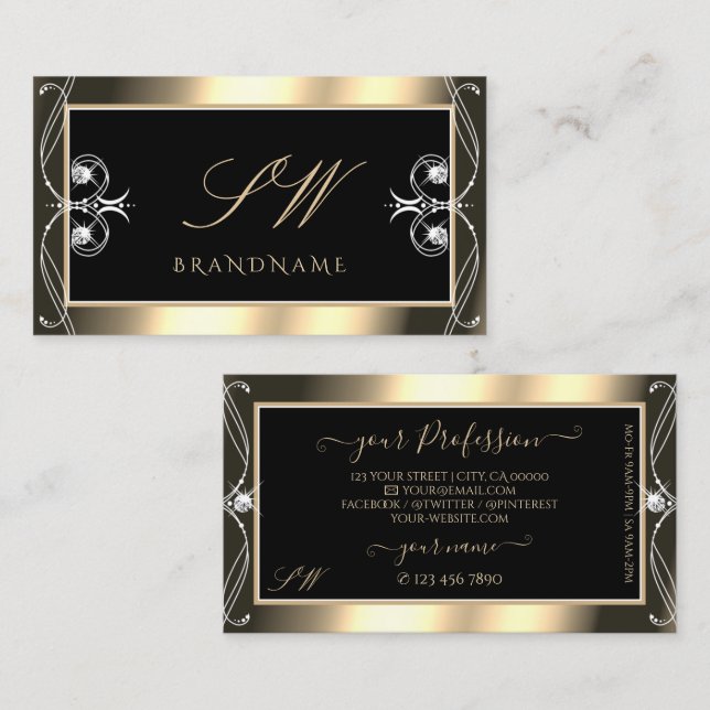 Monogram für luxuriöse Black Gold Sparkling Diamon Visitenkarte (Vorne/Hinten)