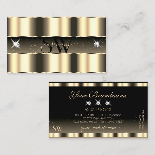 Monogram für luxuriöse Gold Black Sparkling Diamon Visitenkarte (Vorne/Hinten)