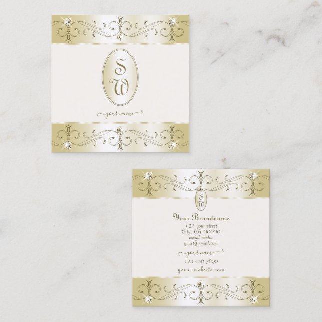 Monogram für Luxuriöse Gold- und Creme-Verzierte O Quadratische Visitenkarte (Vorne/Hinten)
