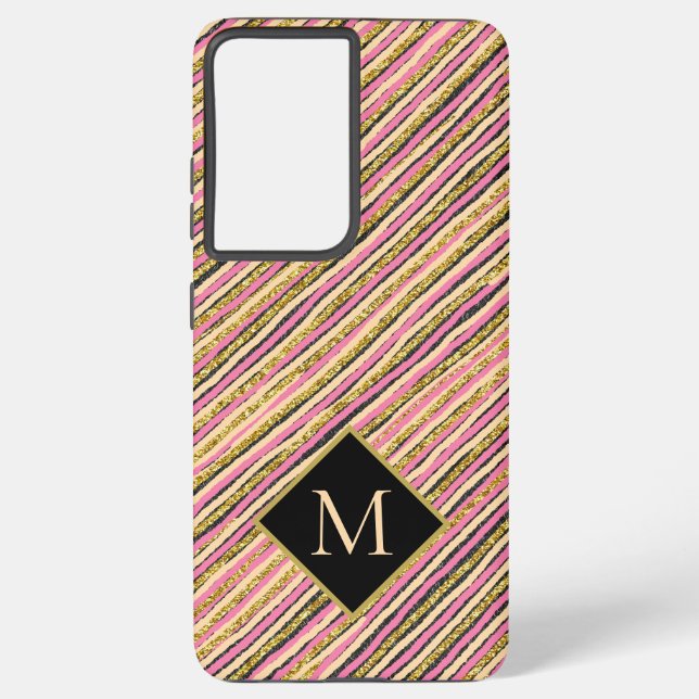 Monogram für Luxus Gold Glitzer Stripes Samsung Galaxy Hülle (Rückseite)