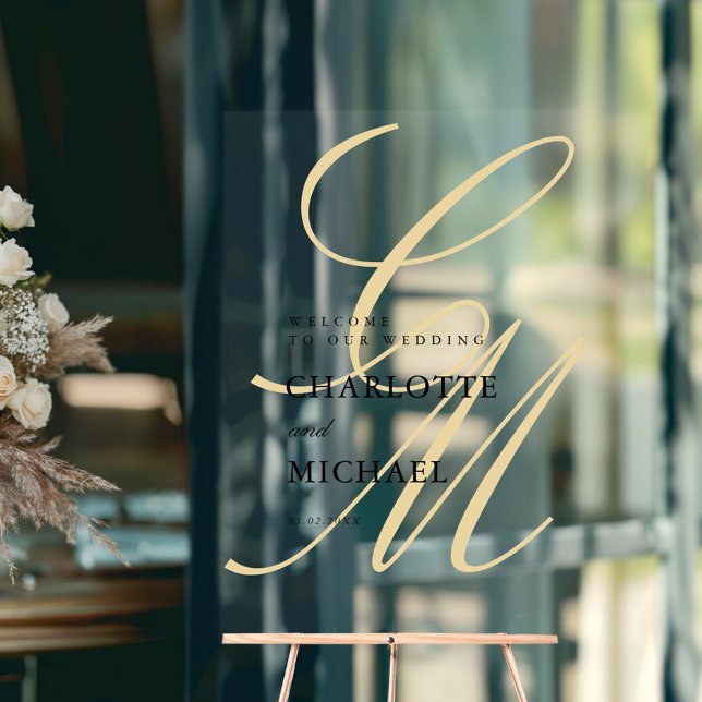 Monogram für Minimalistisches Skript-Schriftart |  Acrylschild (Minimalist Script Font Monogram | Elegant Wedding Acrylic Sign with your name and date)