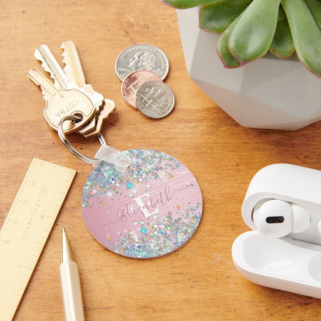 Monogram für moderne blush Holographic Imitats Gli Schlüsselanhänger (Schreibtisch)