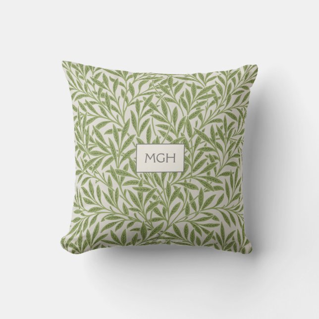 Monogram für moderne Green Willow-Blätter Kissen (Vorderseite)
