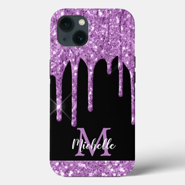Monogram für moderne Lila Glitzer-Tropfen Case-Mate iPhone Hülle (Rückseite)