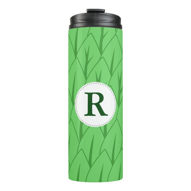 Monogram für moderne Niedlich-grüne Blätter Thermosbecher (Vorderseite)