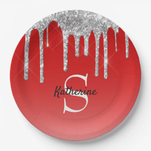 Monogram für moderne Red Silver Glitzer Tropfen Pappteller