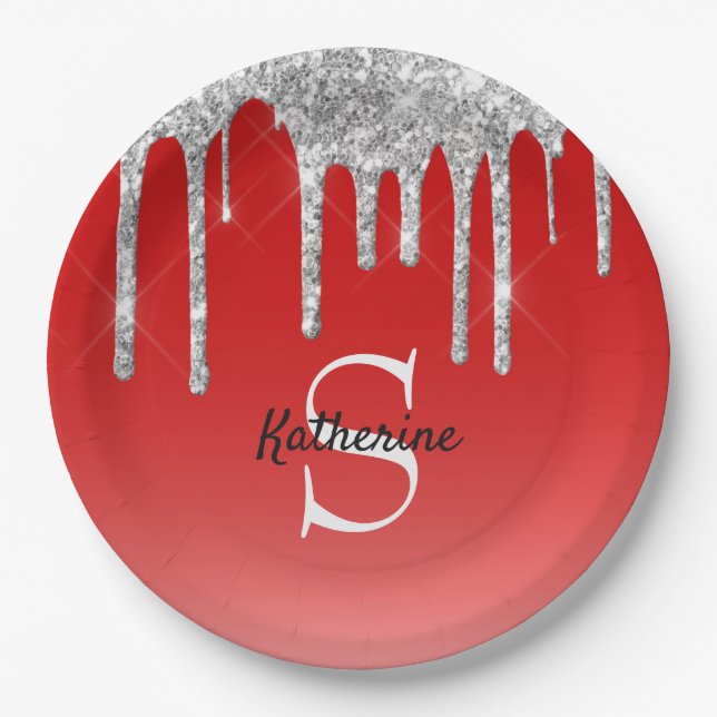 Monogram für moderne Red Silver Glitzer Tropfen Pappteller (Vorderseite)