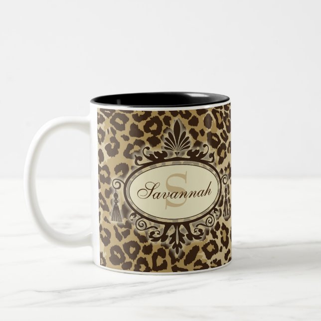 Monogram für Natural Leopard Pattern Individuelle  Zweifarbige Tasse (Links)