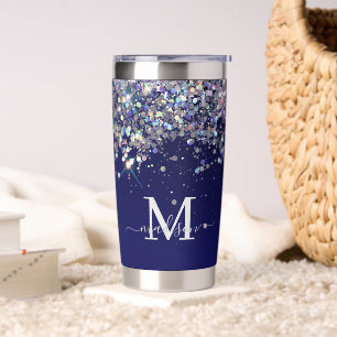 Monogram für Navy Blue Holographic Silver Glitzer Thermobecher