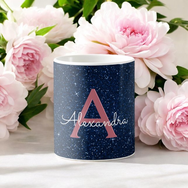 Monogram für Navy Blue & Rose Gold Sparkle Glitzer Kaffeetasse (Von Creator hochgeladen)
