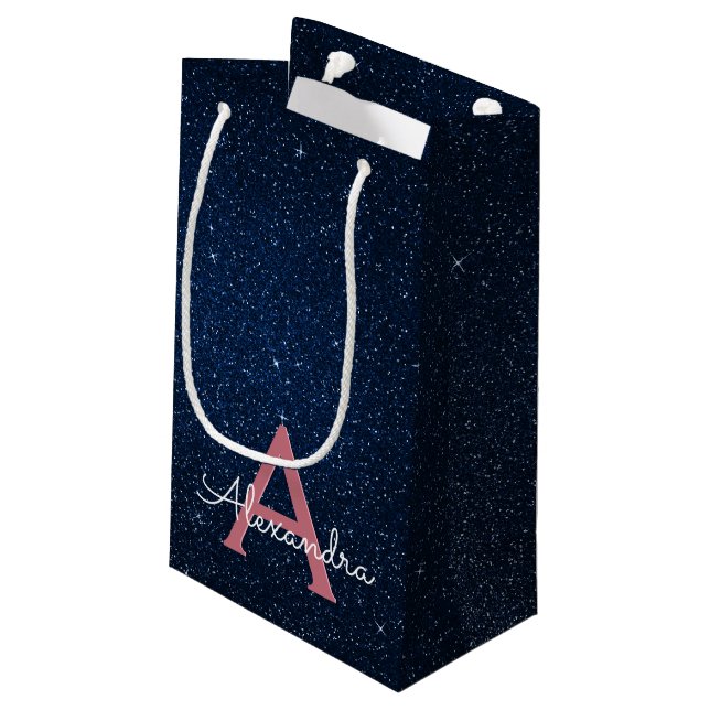 Monogram für Navy Blue & Rose Gold Sparkle Glitzer Kleine Geschenktüte (Rückseite Schrägansicht)