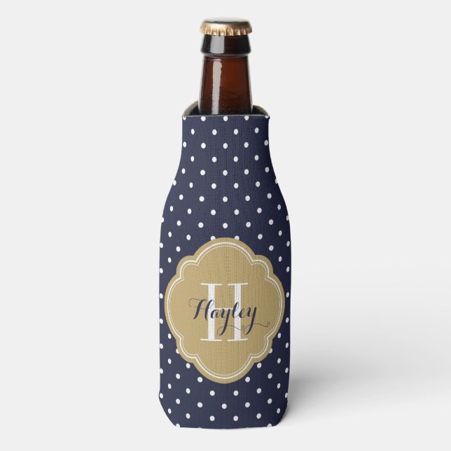 Monogram für Navy Blue und Gold Polka Dots Flaschenkühler (Flaschenvorderseite)