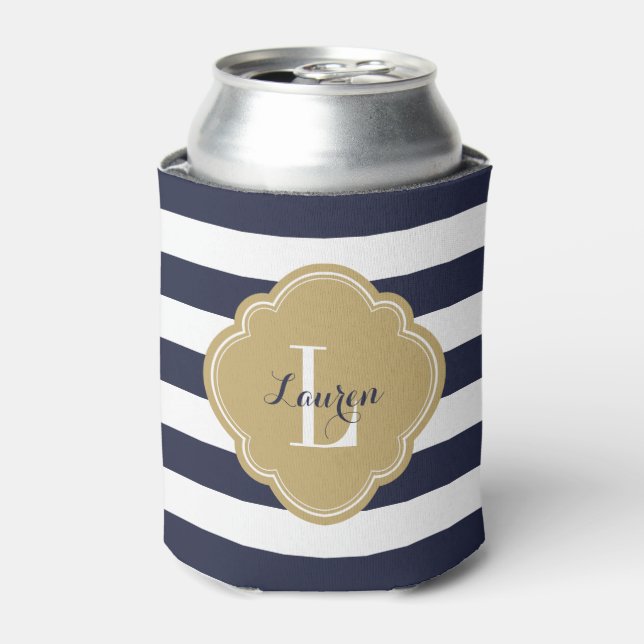 Monogram für Navy Blue und Gold Preppy Strips Dosenkühler (Kanne Vorderseite)