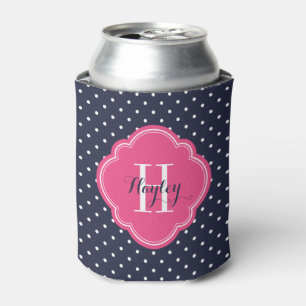 Monogram für Navy Blue und Pink Polka Dots Dosenkühler