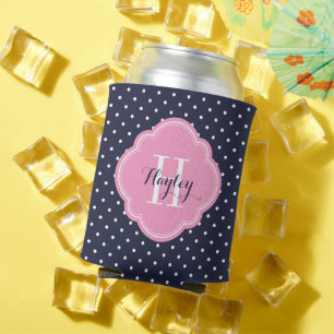 Monogram für Navy Blue und Pink Polka Dots Dosenkühler