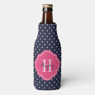 Monogram für Navy Blue und Pink Polka Dots Flaschenkühler