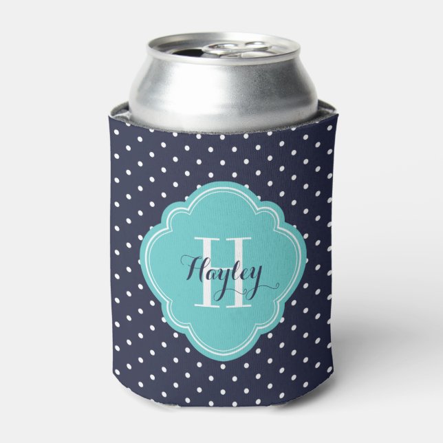 Monogram für Navy Blue und Türkise Polka Dots Dosenkühler (Kanne Vorderseite)