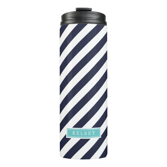 Monogram für Navy Blue und Turquoise Preppy Strips Thermosbecher (Vorderseite)