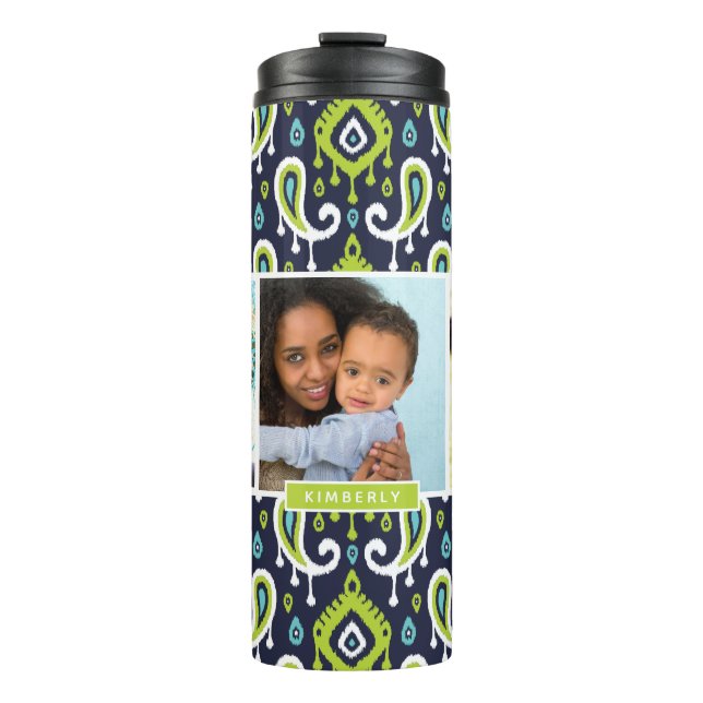 Monogram für Navy und Green Ikat Paisley Custom Fo Thermosbecher (Vorderseite)
