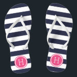 Monogram für Navy und Pink Preppy Strips Flip Flops<br><div class="desc">Maßgeschneiderte,  bedruckte Flop-Sandalen mit einem preppy-nautical-Stripe-Muster und einem eigenen Monogramm oder einem anderen Text in einem Circle-Rahmen. Klicken Sie auf Anpassen,  um Schriftart und Farben zu ändern oder eigene Bilder hinzuzufügen,  um ein einzigartiges Design zu erstellen!</div>