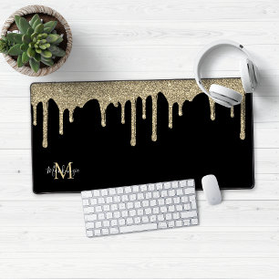 Monogram für Schwarz-Gold-Sparkle-Glitzer-Tropfen Schreibtischunterlage