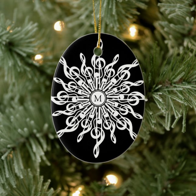 Monogram für Schwarzweißschneeflocken-Musiknoten Keramik Ornament (Baum)