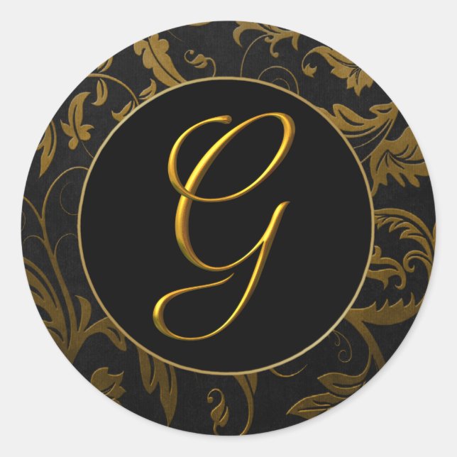 Monogram G Gold and Black Damask Wedding Siegel Runder Aufkleber (Vorderseite)
