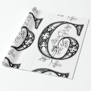 Monogram G Initial Black and White Floral Pattern Geschenkpapier