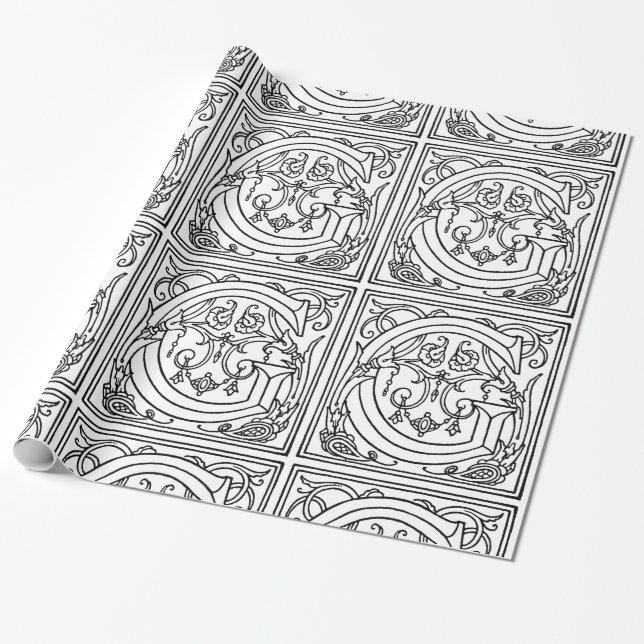Monogram G Initial Black and White Floral Pattern Geschenkpapier (Ungerollt)
