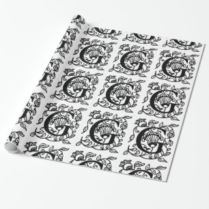 Monogram G Initial Black and White Floral Pattern Geschenkpapier