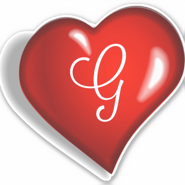 Monogram G white script on ruby red heart Aufkleber (Vorderseite)