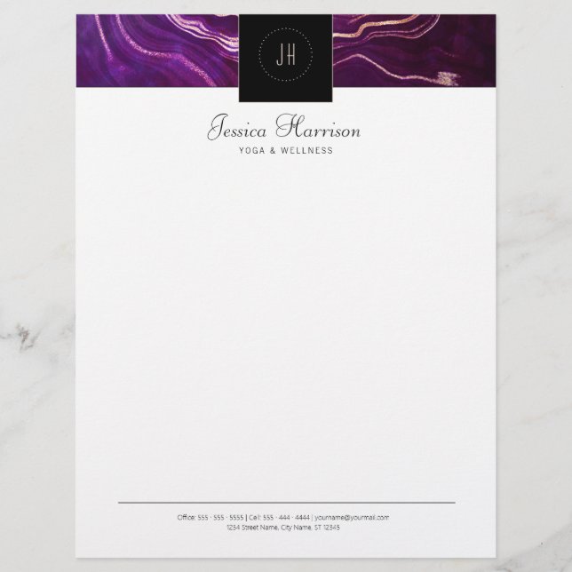 Monogram Geode Dark Lila Black Beruflich Briefbogen (Vorderseite)