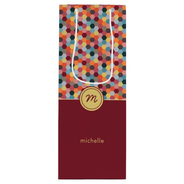 Monogram Geometric Burgundy Hexagon Wine Gift Bag Geschenktüte Für Weinflaschen (Vorderseite)