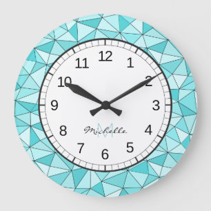 Monogram Geometric Cyan Modern Wall Clock Große Wanduhr