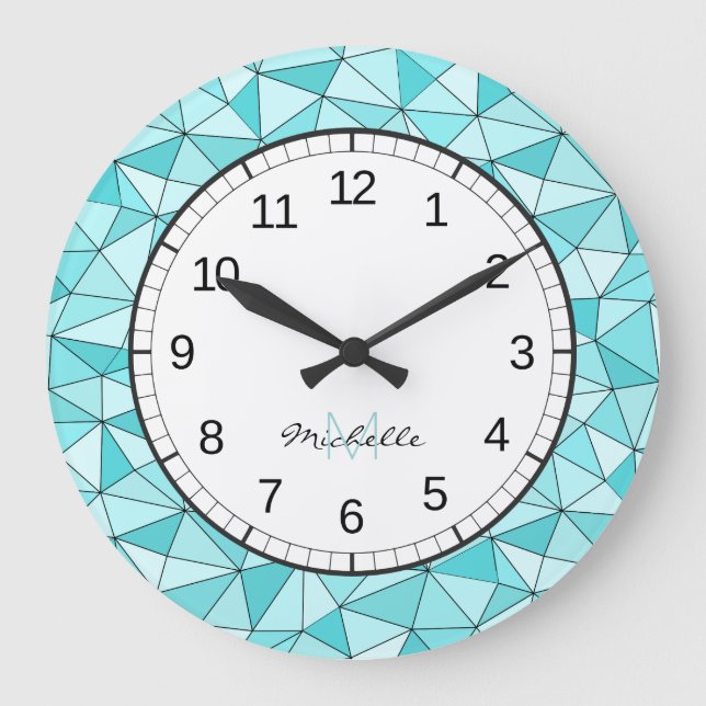 Monogram Geometric Cyan Modern Wall Clock Große Wanduhr (Vorderseite)