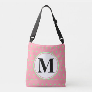 Monogram Geometric Pink Green Polka Dots Tragetaschen Mit Langen Trägern