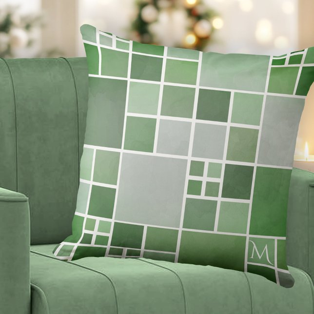 Monogram Geometrisches Muster für das Muster "Gree Kissen (Modern pillow featuring a geometric mosaic pattern inspired by nature in different shades of green)