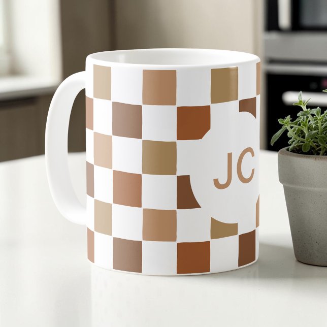 Monogram geprüft Brawn Modern Simple Kaffeetasse (Monogram Checkered Brown Modern Simple Coffee Mug)