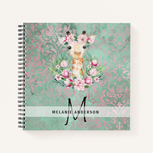 Monogram GIRAFFE Boho Blume Hübsch Girly Modern Notizbuch (Vorderseite)