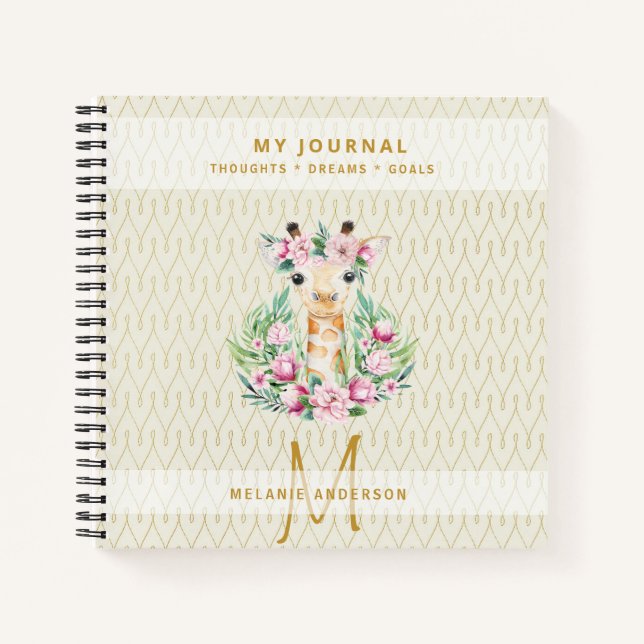 Monogram GIRAFFE Boho Blume Hübsch Girly Modern Notizbuch (Vorderseite)
