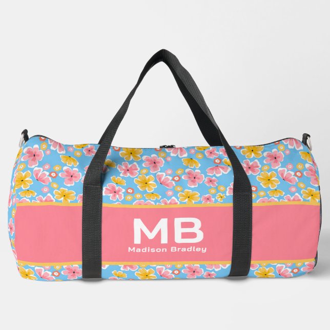 Monogram Girl Floral Pink Blauer Personalisierter  Duffle Bag (Vorderseite)