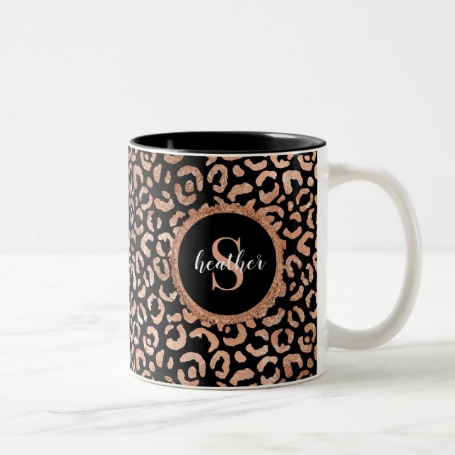 Monogram Girly Leopard Animal Print Two-Tone-Coffe Zweifarbige Tasse (Rechts)