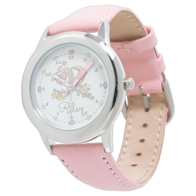 Monogram Girlys-Brief R art Riley Name-Uhr Armbanduhr (Schrägansicht)