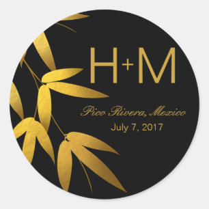 Monogram Glam Bamboo Blätter Gold Foil   schwarz Runder Aufkleber