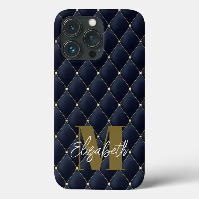 Monogram Glamour Gold Navy Quilter Muster Case-Mate iPhone Hülle (Rückseite)